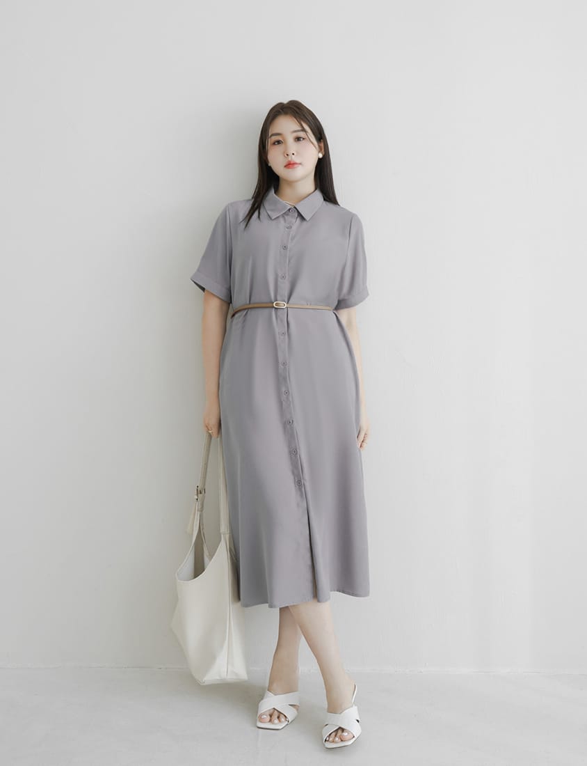 MISS. Button Twill Collar Plus Size Short Sleeve Dress (with Belt)