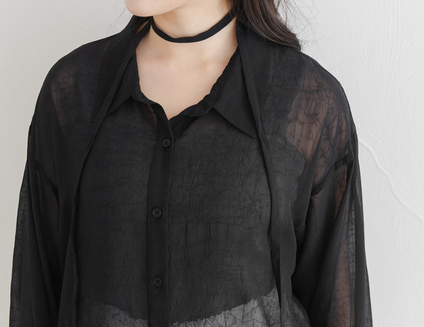 Flowy Crinkled Sheer Plus Size Blouse (With Tie)