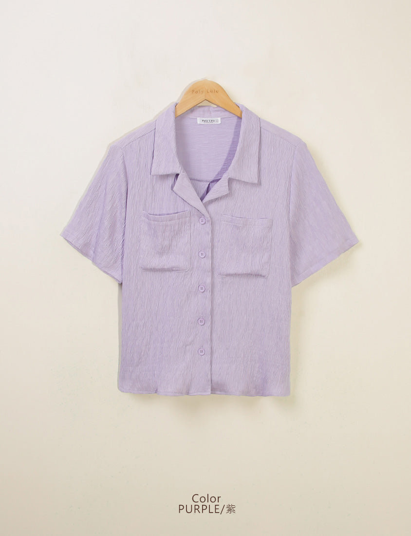 Cuban Collar Crinkled Texture Large Pocket Plus Size Shirt