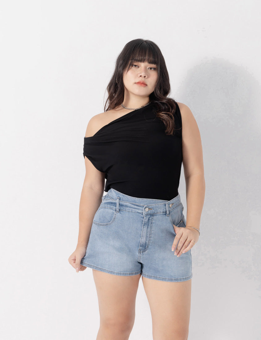 MUA! Asymmetrical Waistband Plus Size Denim Shorts