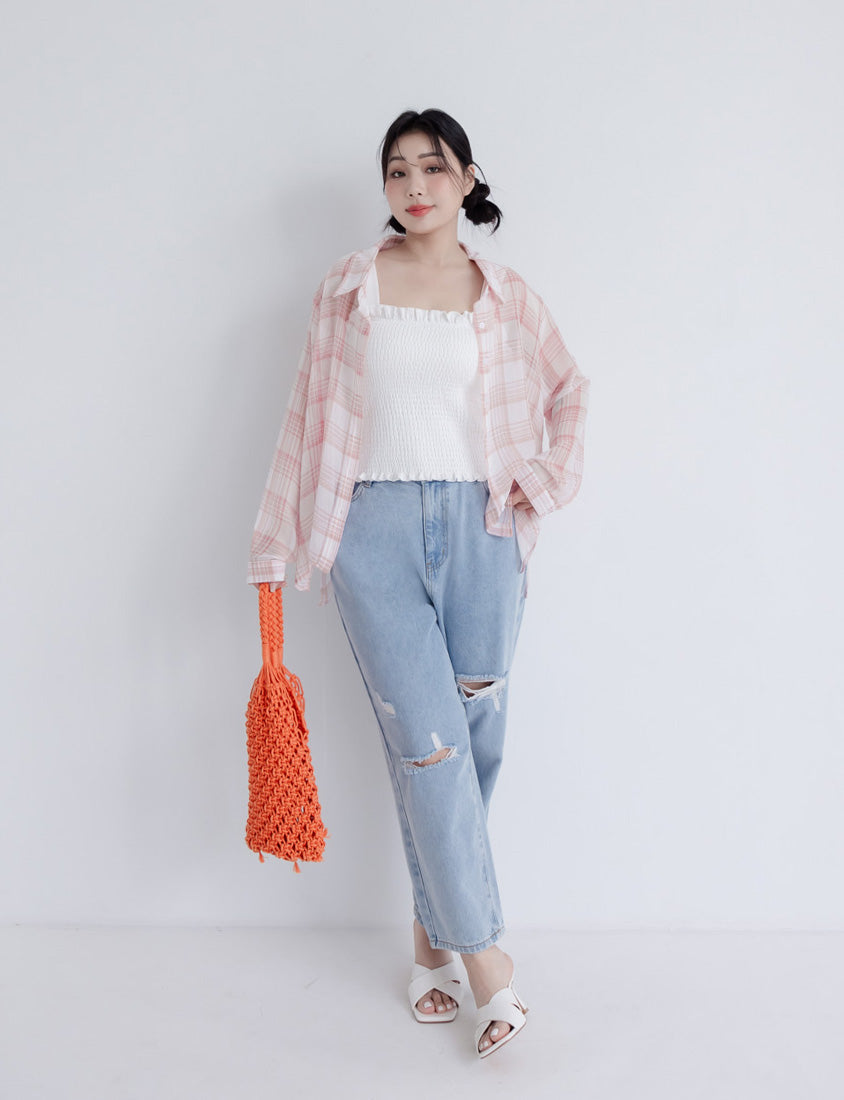 Crinkled Texture Sheer Plaid Plus Size Long Sleeve Shirt