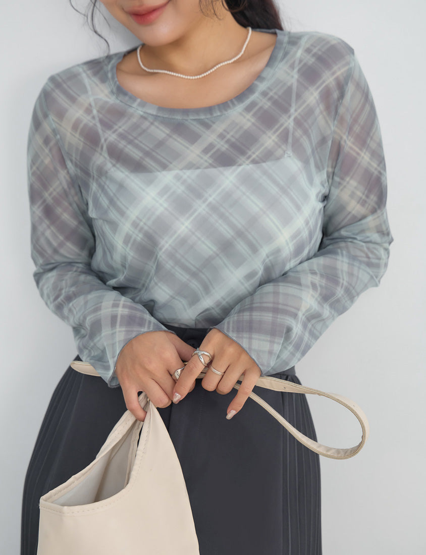 MISS. Vintage Sheer Checkered Plus Size Long Sleeve Top