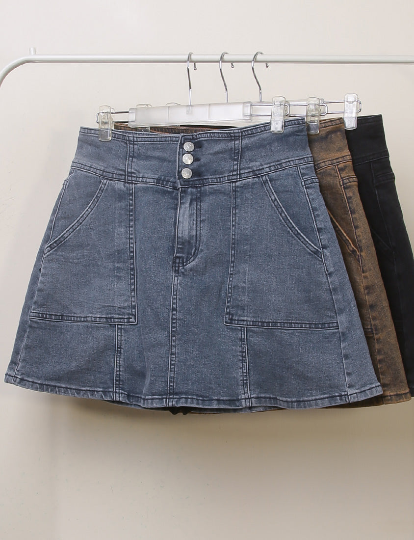 MUA! Ultra Stretch High Waist Washed Denim Plus Size Mini Skirt (With Pants)