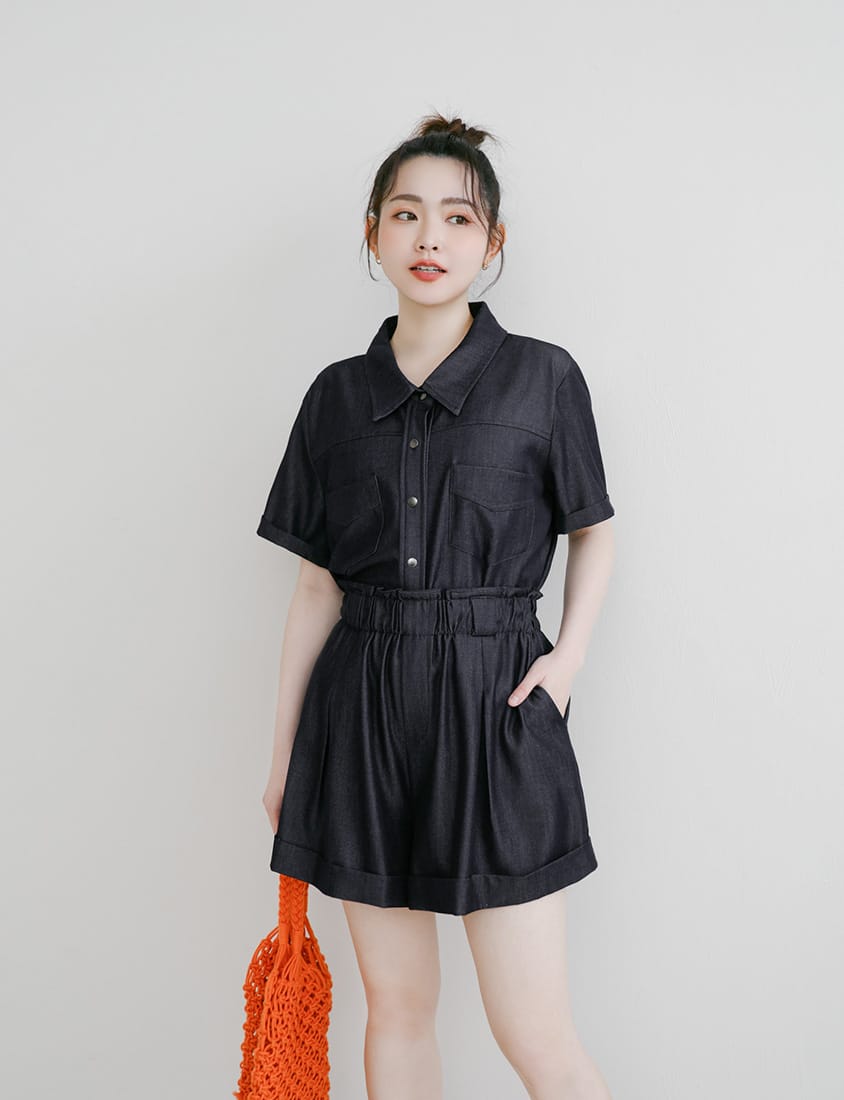 Korean-Style Faux Denim Cuffed Plus Size Short Sleeve Shirt