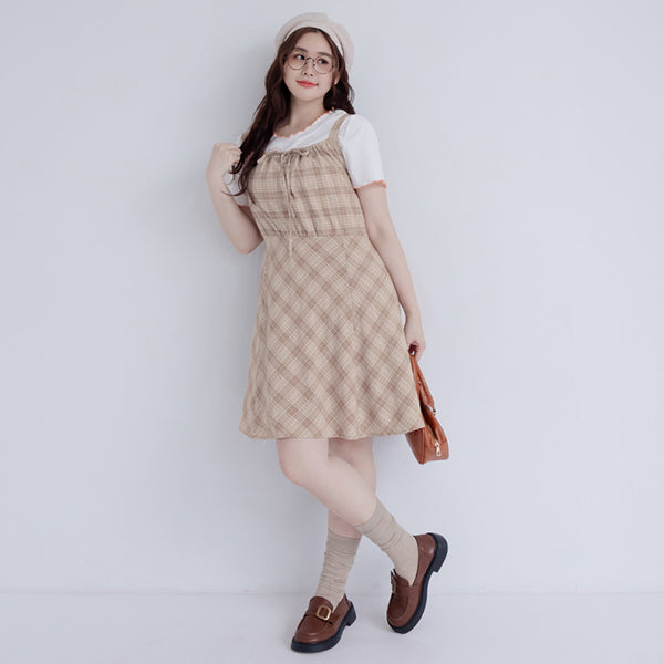 Preppy Adjustable Plaid Plus Size Mini Dress