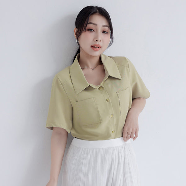 MISS. Drop Shoulder Stitching Double Pocket Plus Size Short Sleeve Shirt