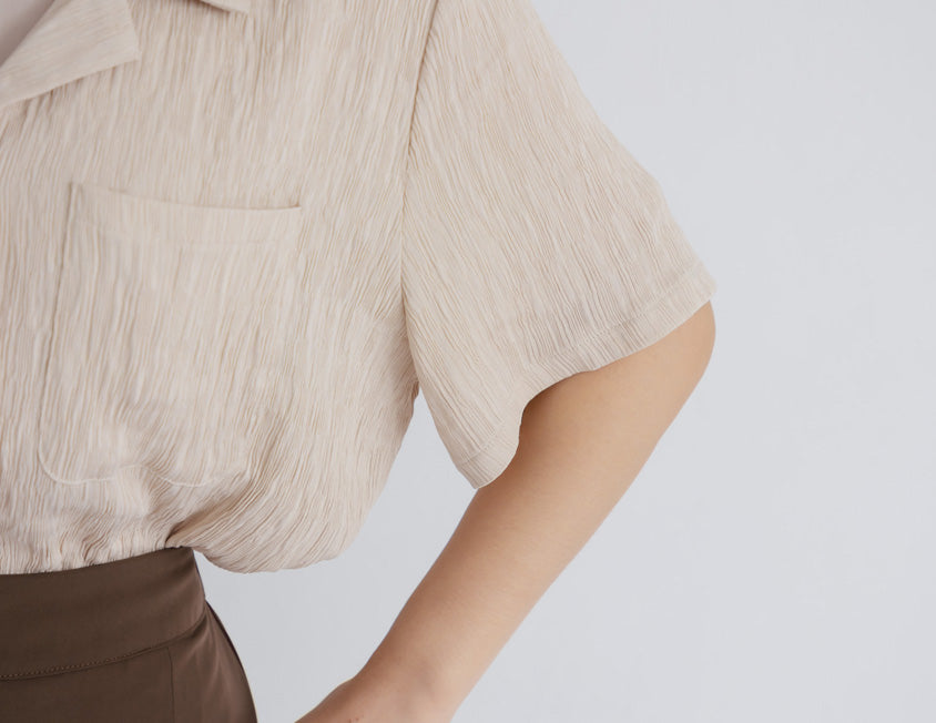 Cuban Collar Crinkled Texture Large Pocket Plus Size Shirt