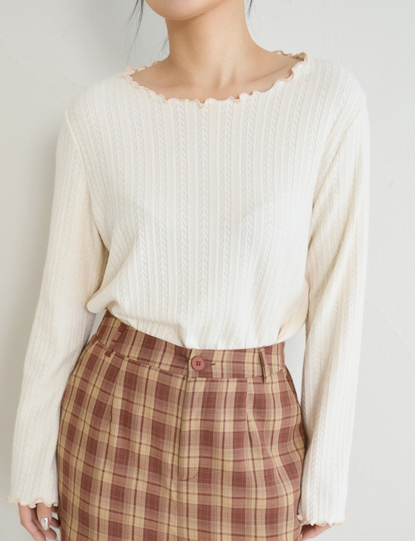 Contrast Lettuce-Edge Jacquard Plus Size Long Sleeve Top