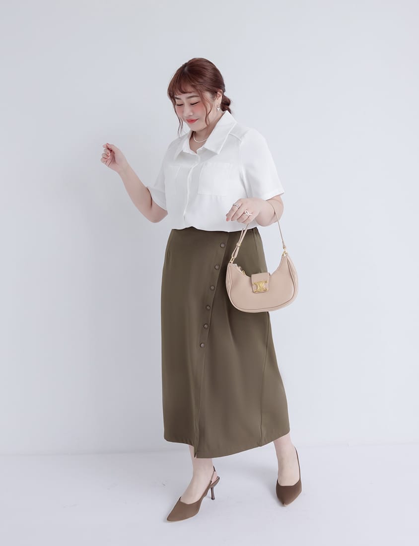 MISS. Korean Style Asymmetrical Button Slit Elastic Waist Plus Size Maxi Skirt