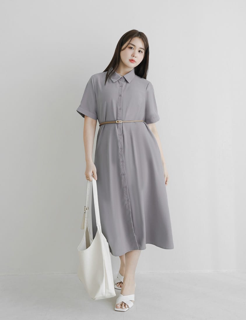 MISS. Button Twill Collar Plus Size Short Sleeve Dress (with Belt)