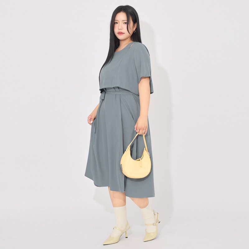 MORE U Wrinkle-Resistant Faux Two-Piece Eyelet Plus Size Dress (with Waist-Tie)