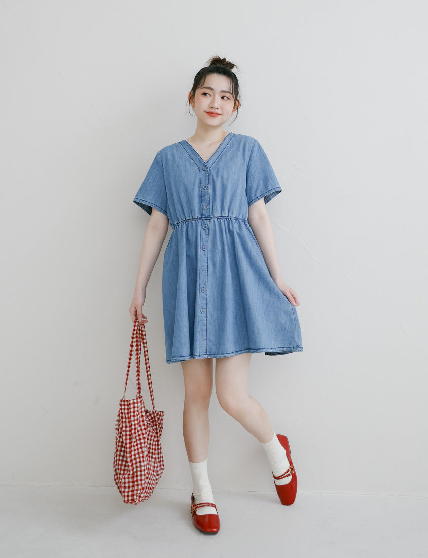 V-Neck Lightweight Denim Elastic Waist Button Plus Size Mini Dress
