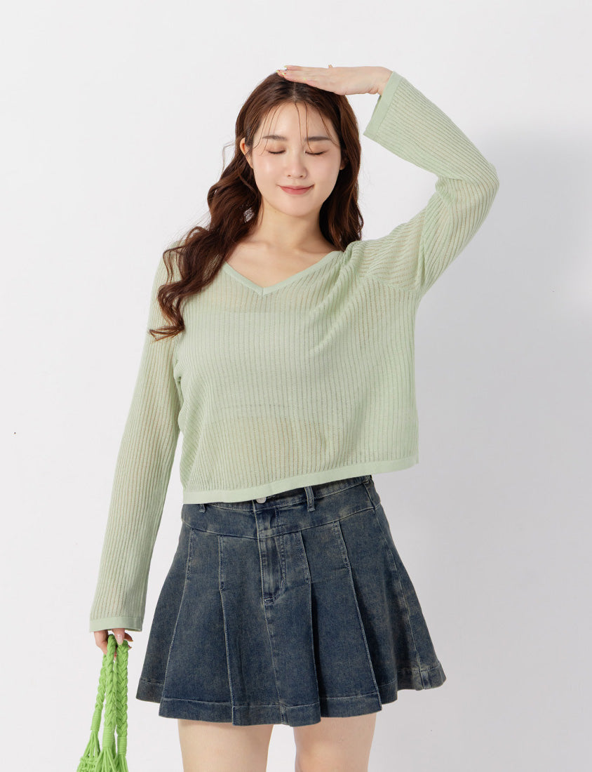Lyocell Sheer Knit Plus Size Long Sleeve Top