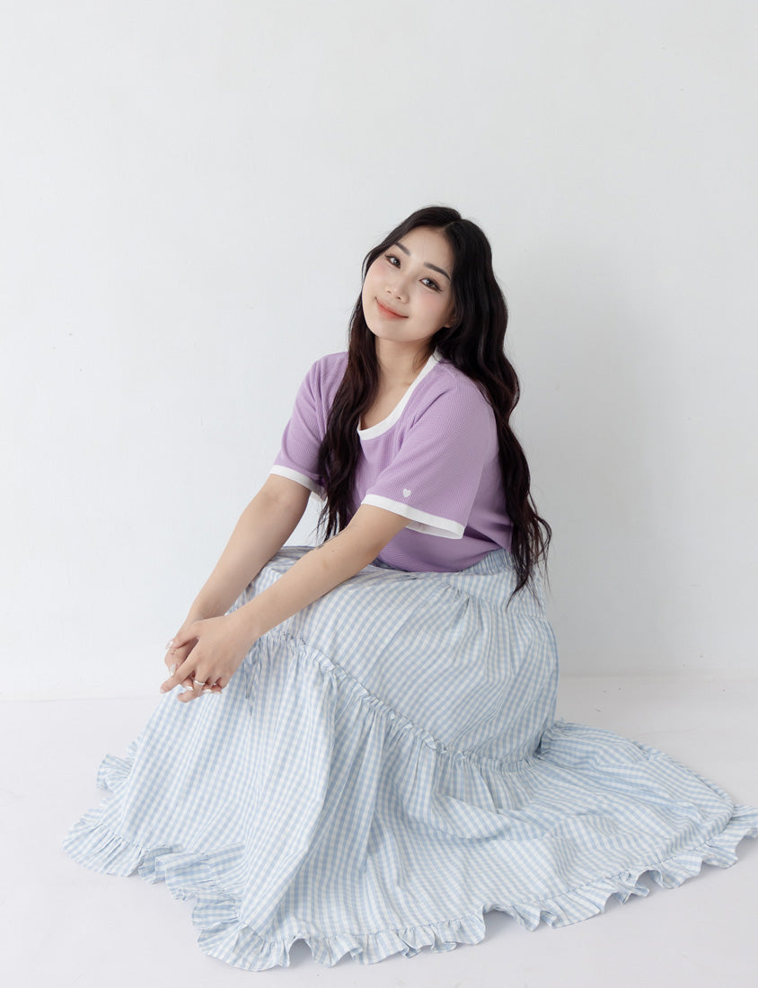 Colorblock Waffle Heart Embroidery Plus Size Top
