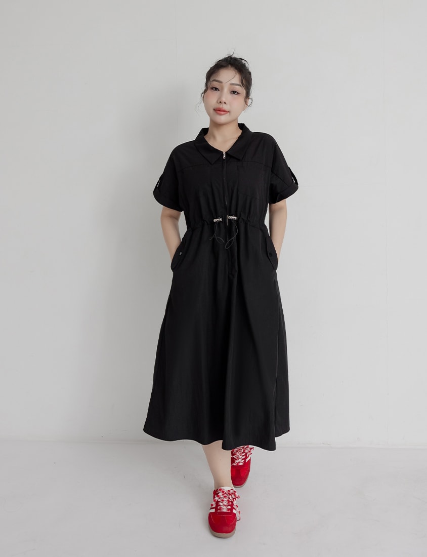 Utility Cargo Pocket Drawstring Cinched Waist Plus Size Maxi Dress