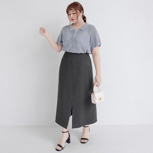 MISS. Korean Style Asymmetrical Button Slit Elastic Waist Plus Size Maxi Skirt