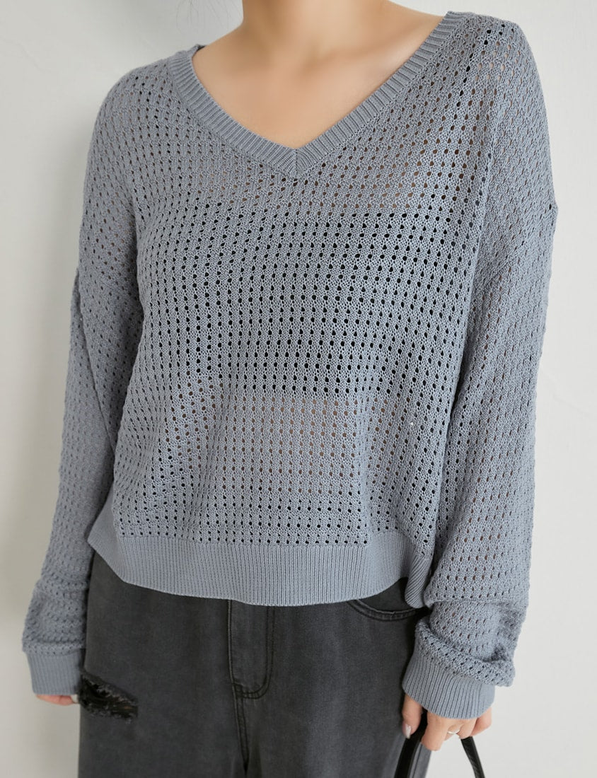 Anti-Pilling V-Neck Eyelet Plus Size Knit Top