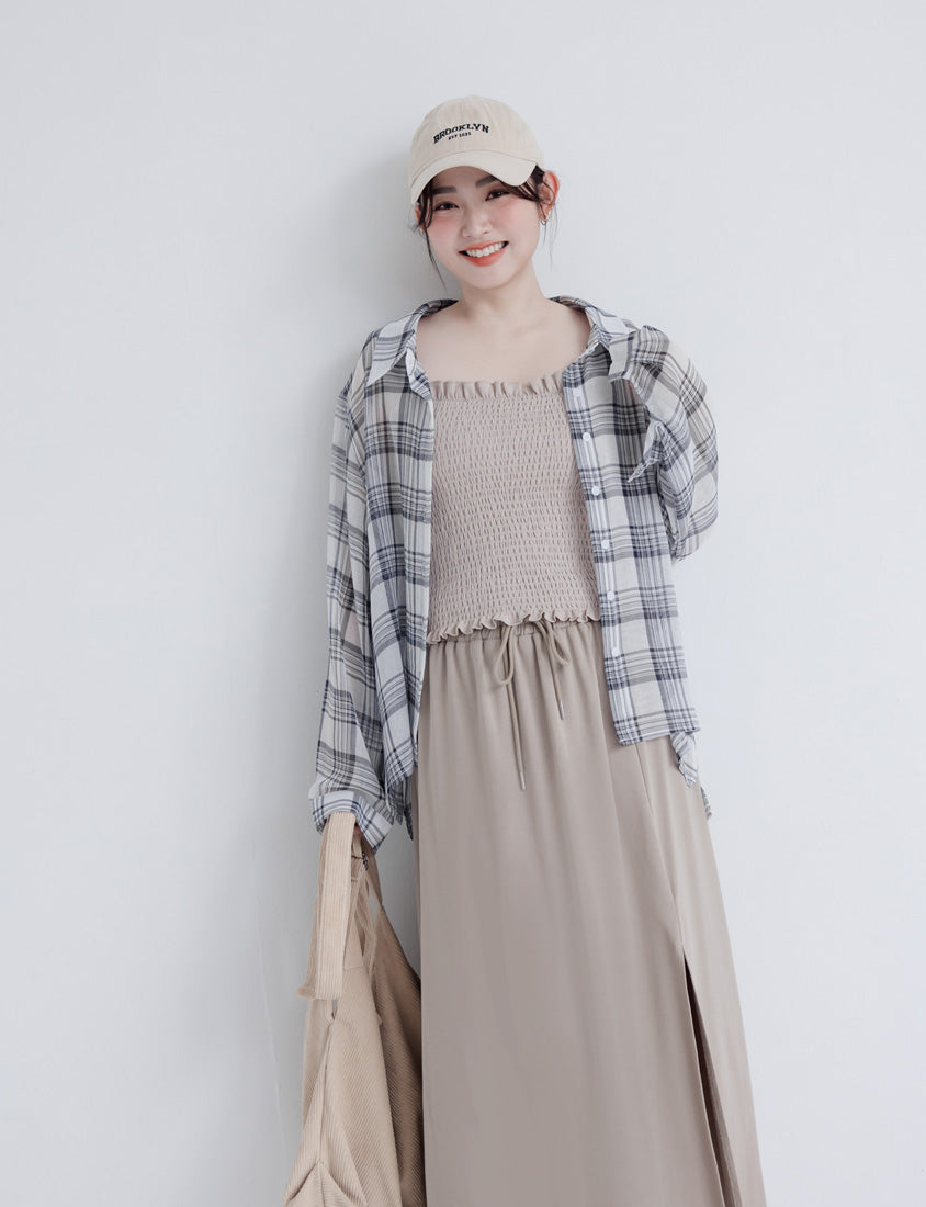 Crinkled Texture Sheer Plaid Plus Size Long Sleeve Shirt