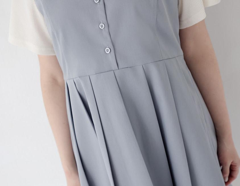 Square Neck Button Pleated Plus Size Mini Dress