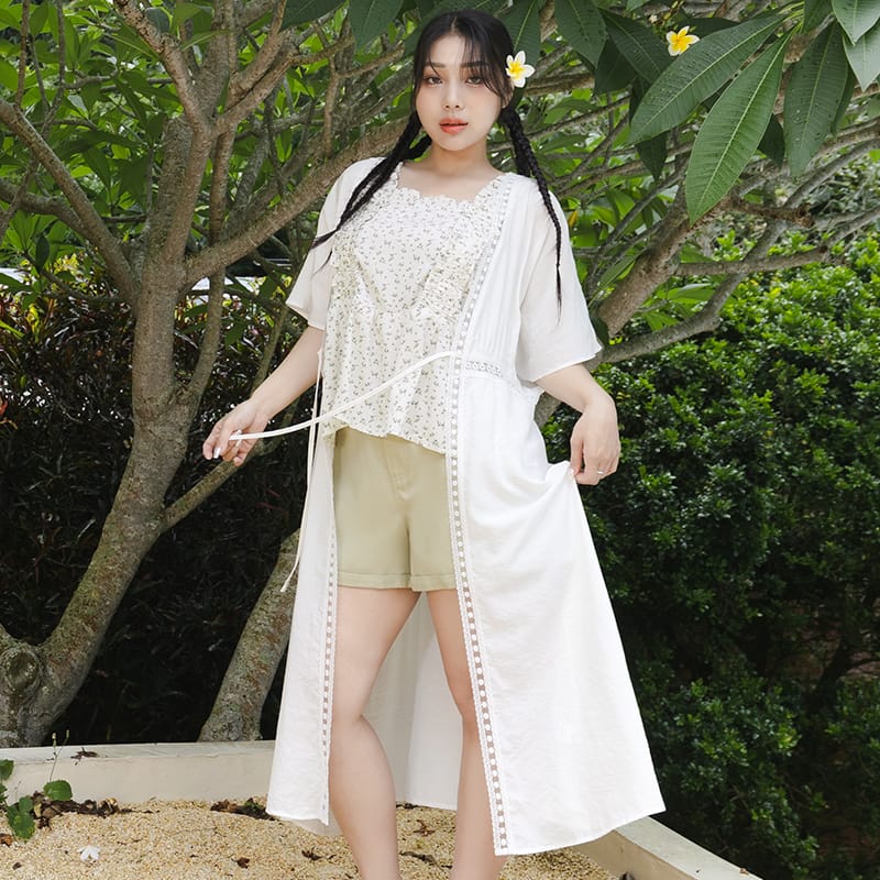 Summer Vacay Beach Lace Tie Front Plus Size Long Cover-Up