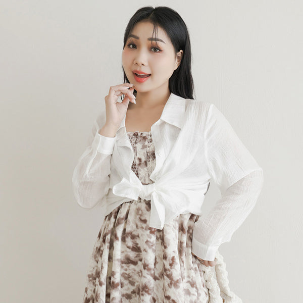Crinkled Texture Sheer Tie-Back Plus Size Long Sleeve Shirt