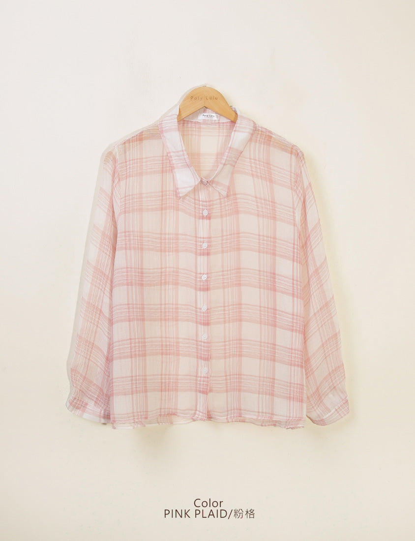 Crinkled Texture Sheer Plaid Plus Size Long Sleeve Shirt