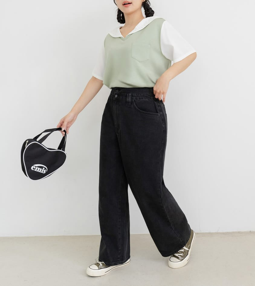 Space Cotton Sailor Collar Faux Two-Piece Plus Size Top