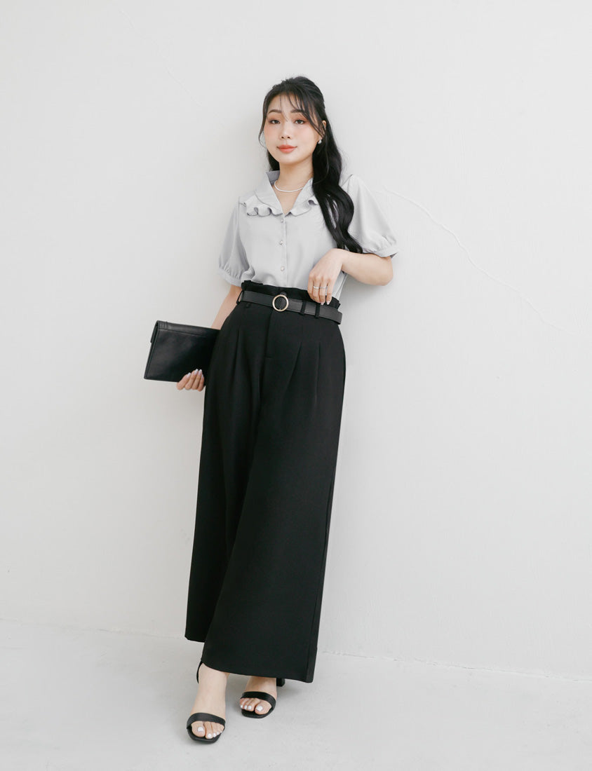 MISS. High-Waisted Bubble Hem Wrinkle-Free Belted Plus Size Wide-Leg Pants