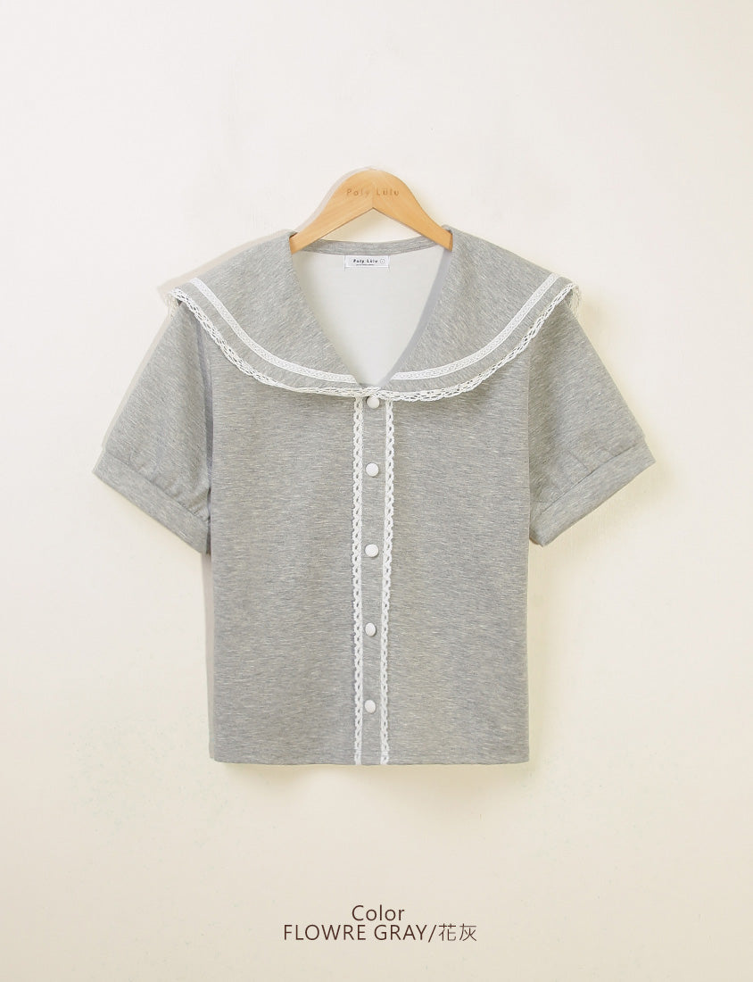 Space Cotton Sailor Collar Plus Size Lace Top