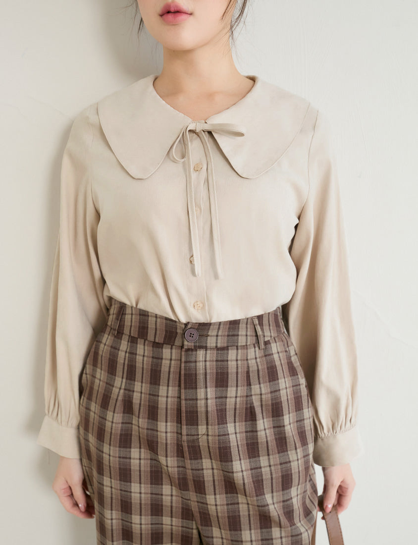 Sweet Multicolor Collar Tie Puff Sleeve Plus Size Shirt