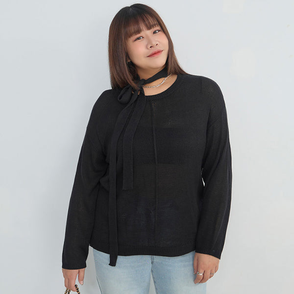 MISS. Korean Sheer Knit Plus Size Long Sleeve Top (with Waist Tie)