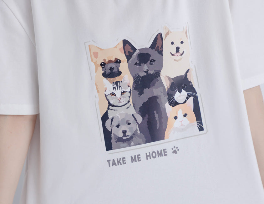 Kitty and Puppy Print Crew Neck Short Sleeve T-shirt