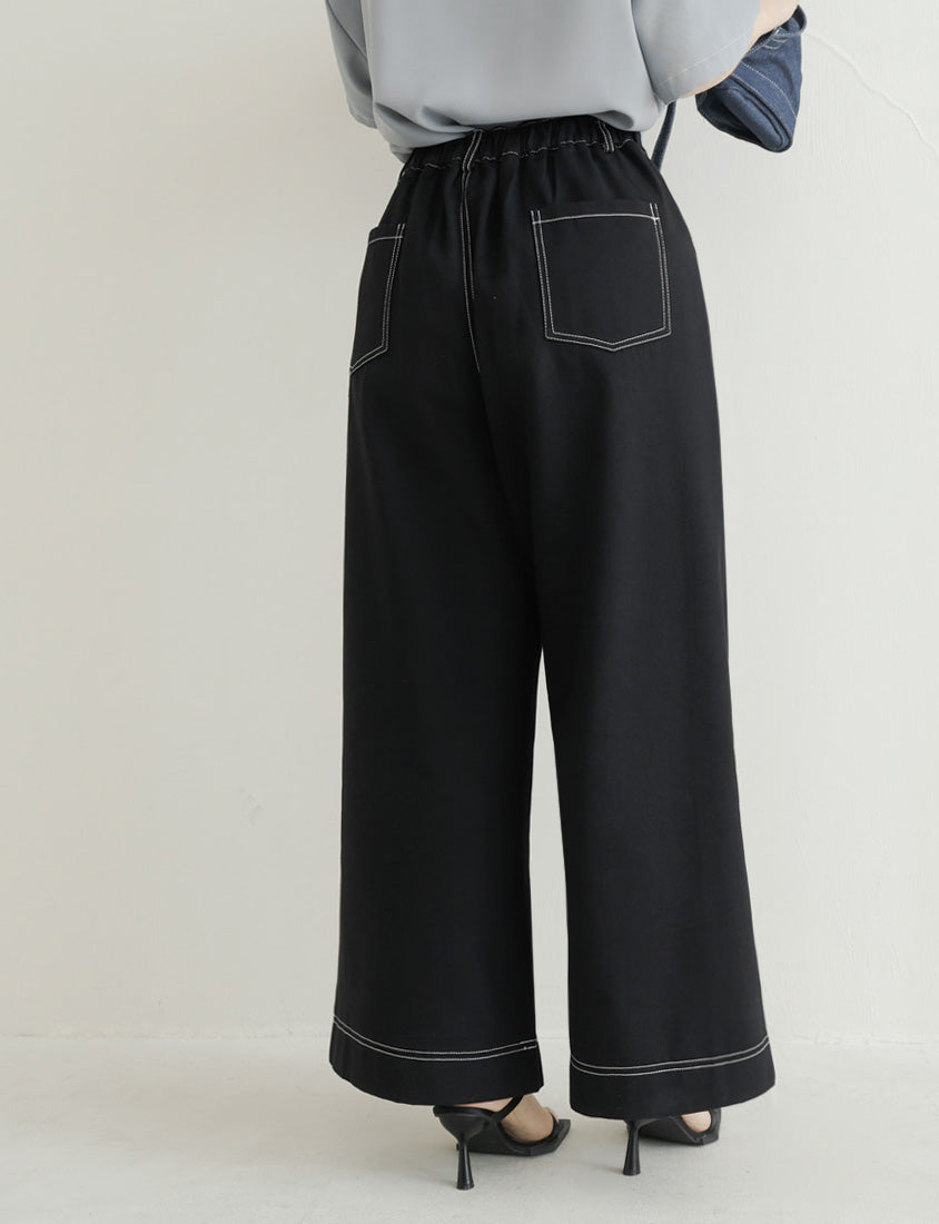 Color-Block Stitched Twill Cotton Straight-Leg Plus Size Pants