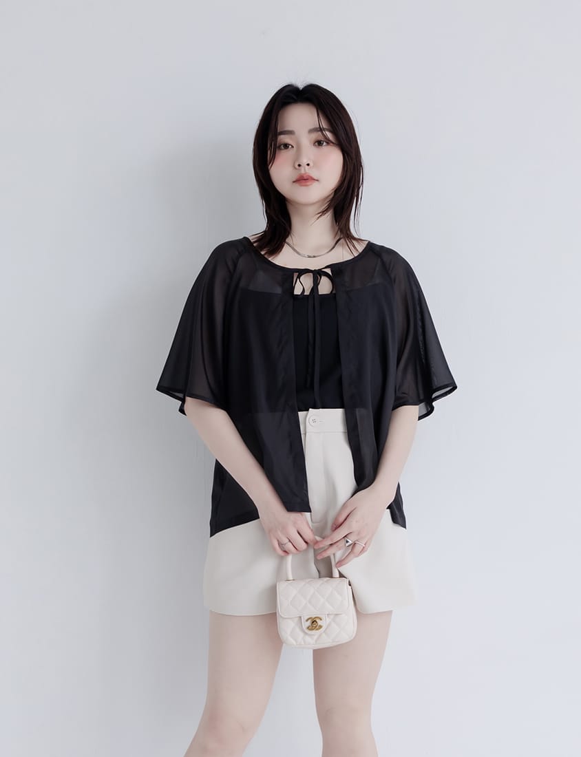 MISS. Faux Two-Piece Sheer Front-Tie Plus Size Top