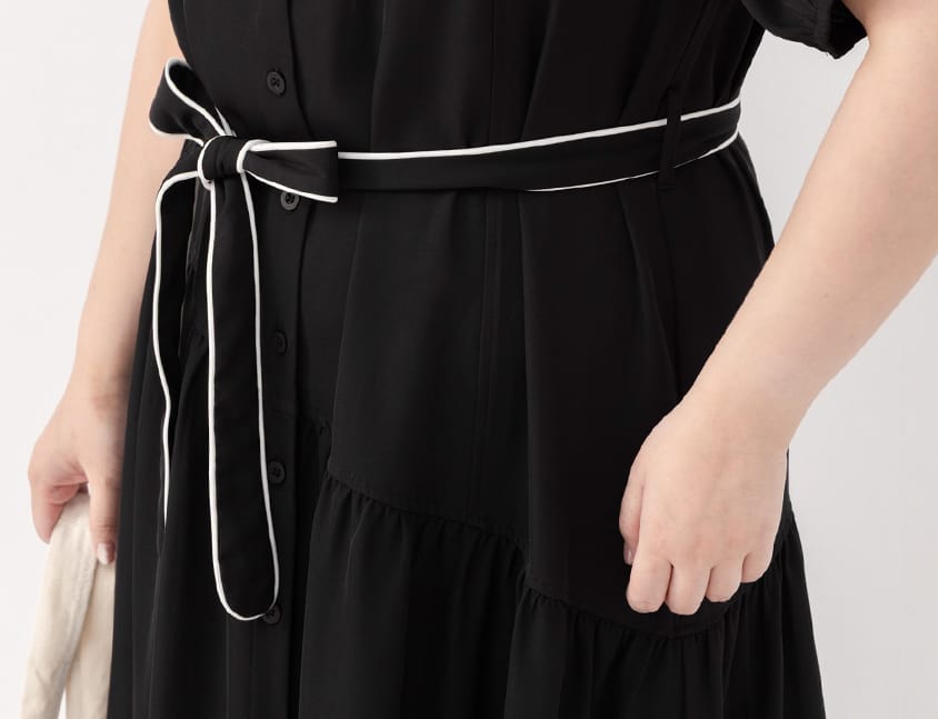 Color-Trimmed Plus Size Puff Sleeve Maxi Dress (With Waist Tie)