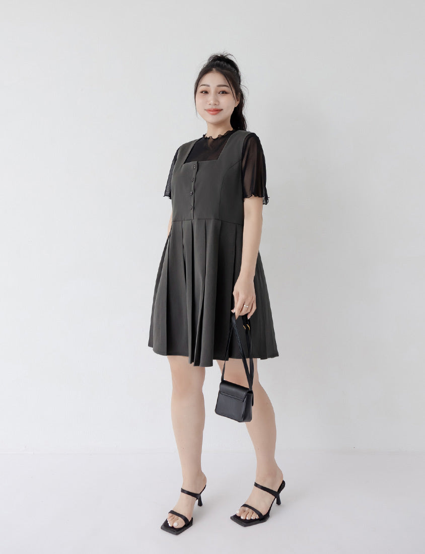 Square Neck Button Pleated Plus Size Mini Dress