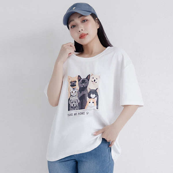 Kitty and Puppy Print Crew Neck Short Sleeve T-shirt