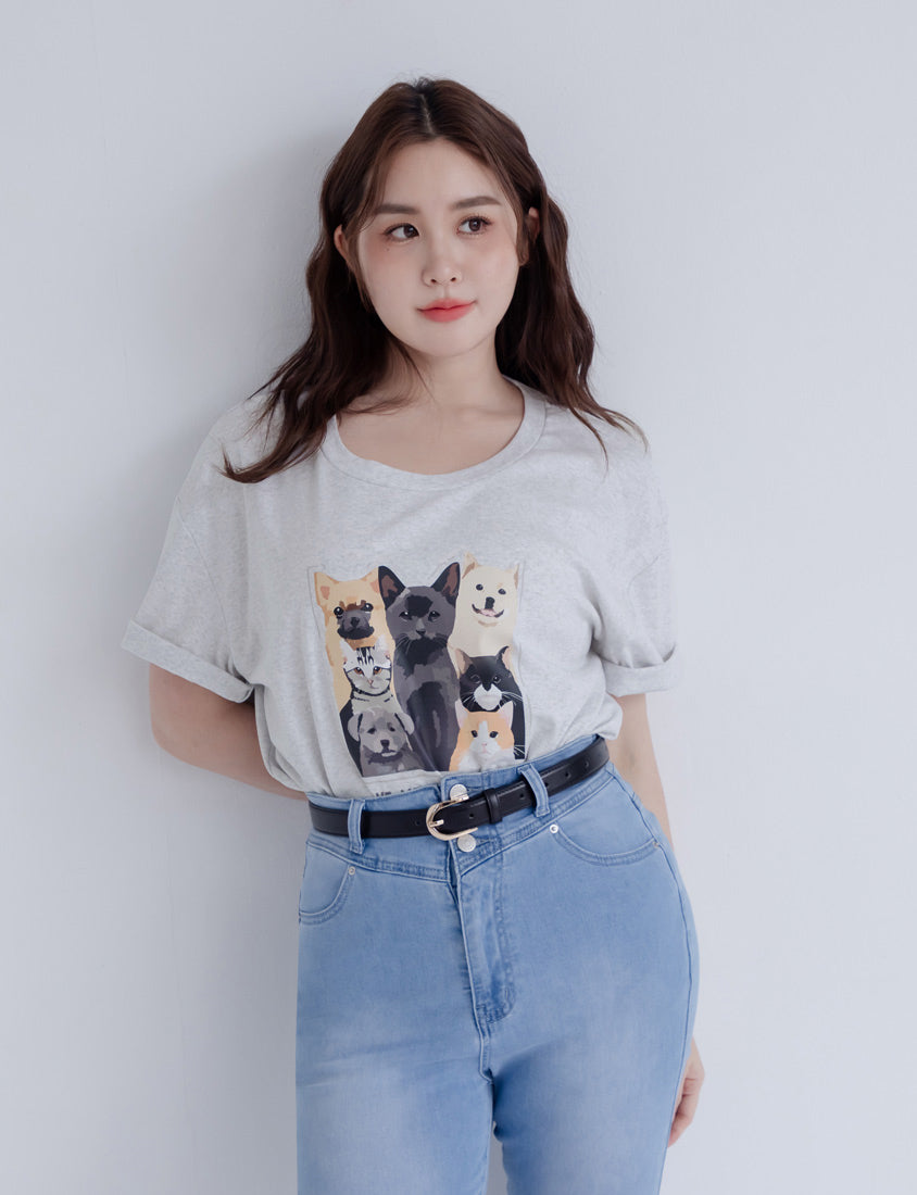 Kitty and Puppy Print Crew Neck Short Sleeve T-shirt