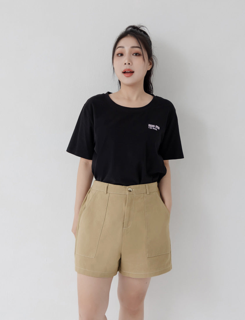 Twill Contrast Stitch High Waist Plus Size Shorts