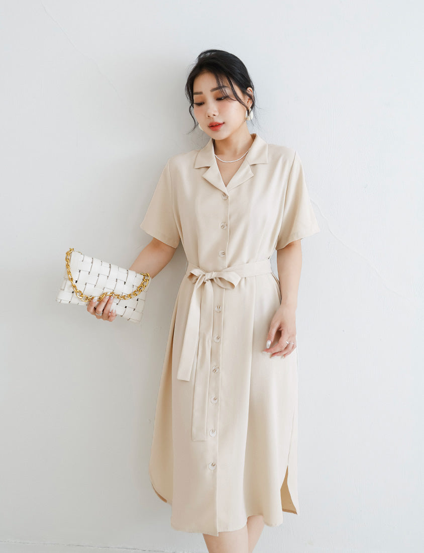 MISS. Cuban Collar Chiffon Button Short Sleeve Dress (with Waist-Tie )