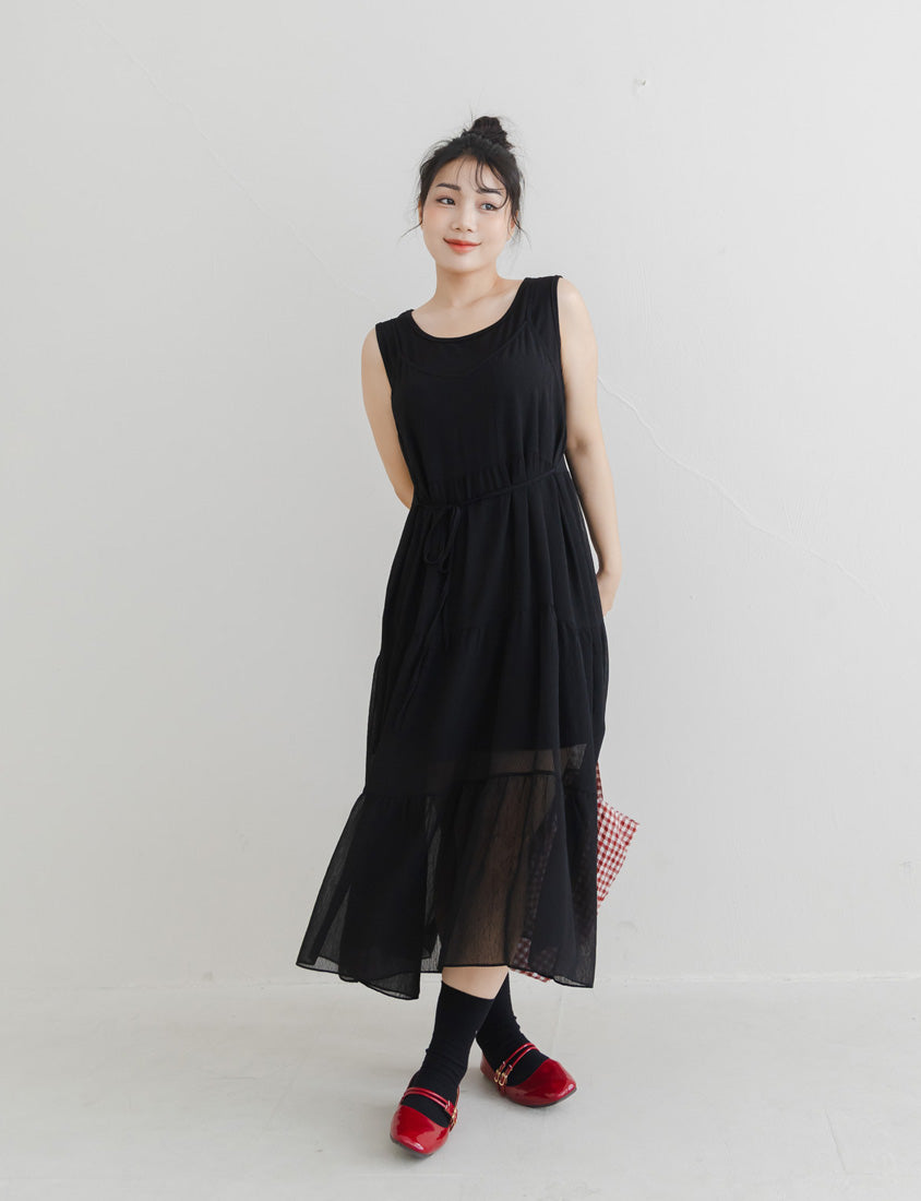 Two Piece Sheer Crinkled Tiered Plus Size Maxi Dress (with Inner Tank)