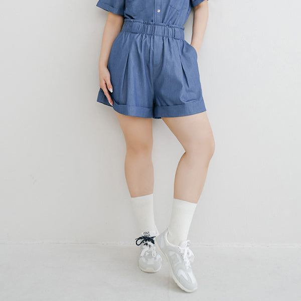 Korean-Style Faux Denim Bubble Hem Plus Size Shorts