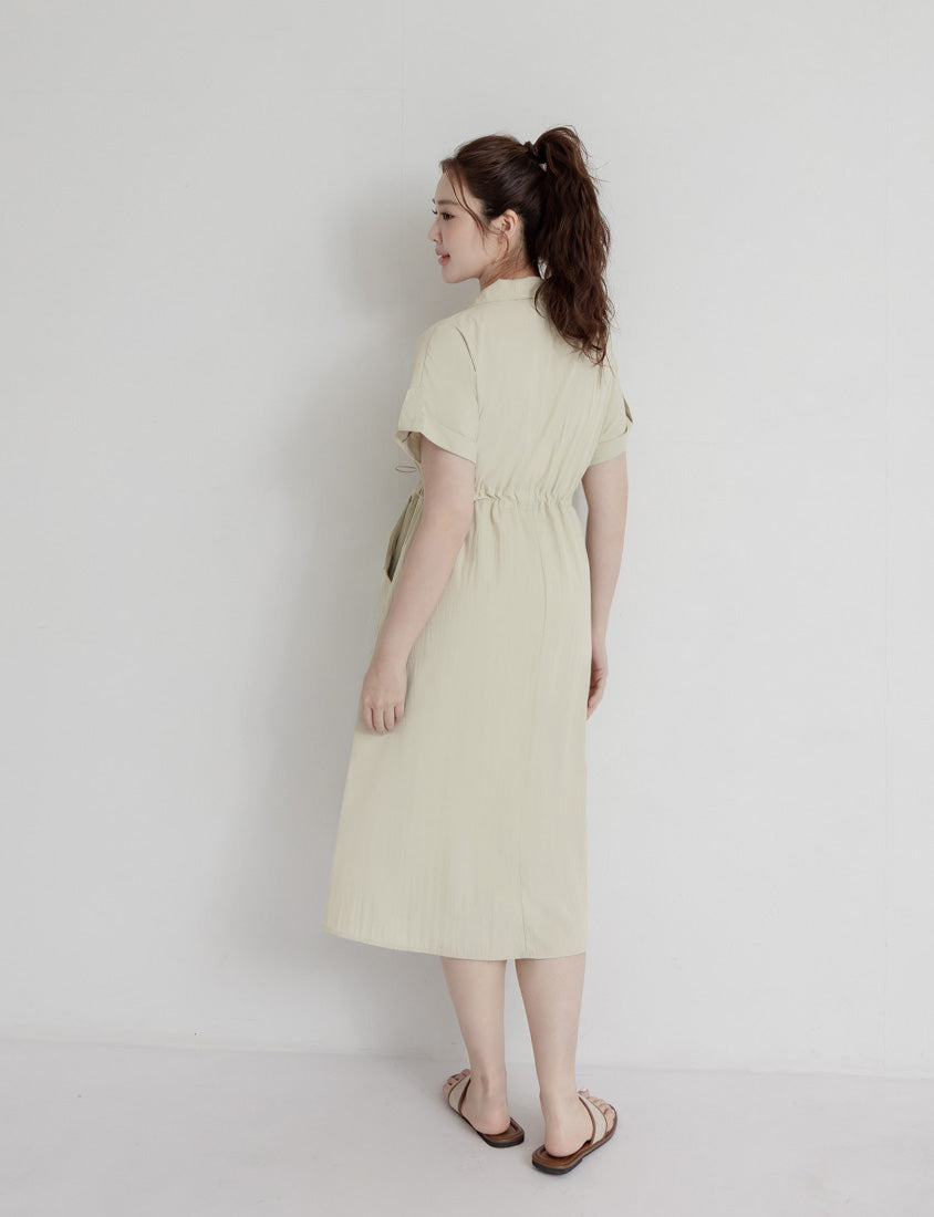 Utility Cargo Pocket Drawstring Cinched Waist Plus Size Maxi Dress