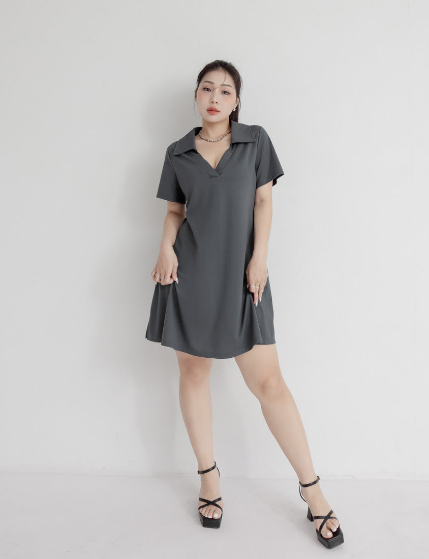 MUA! Chic Notched Collar Twill Plus Size Short Sleeve Dress