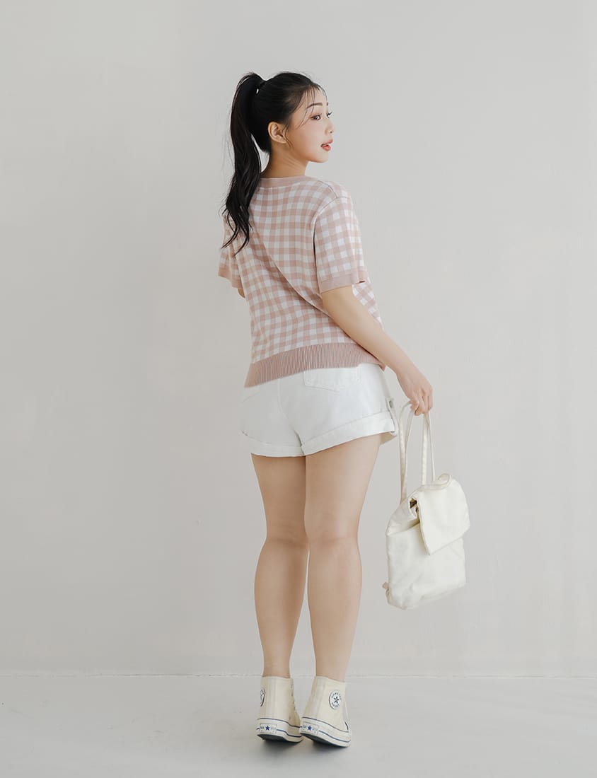Plaid V-Neck Knit Plus Size Short Sleeve Top