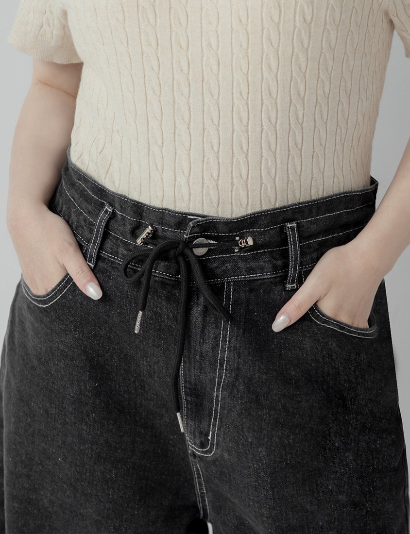 Edgy Contrast Drawstring Plus Size Distressed Jeans