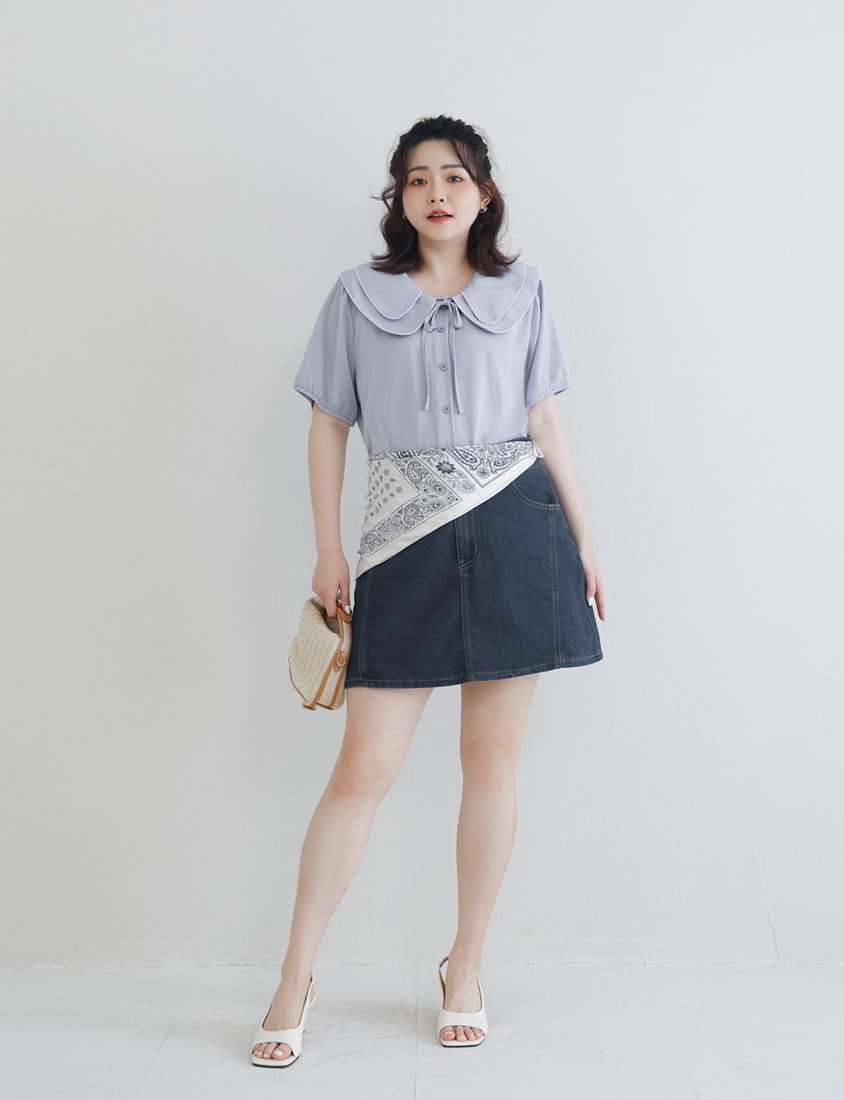 Double Layer Collar Tie Puff Sleeve Plus Size Blouse