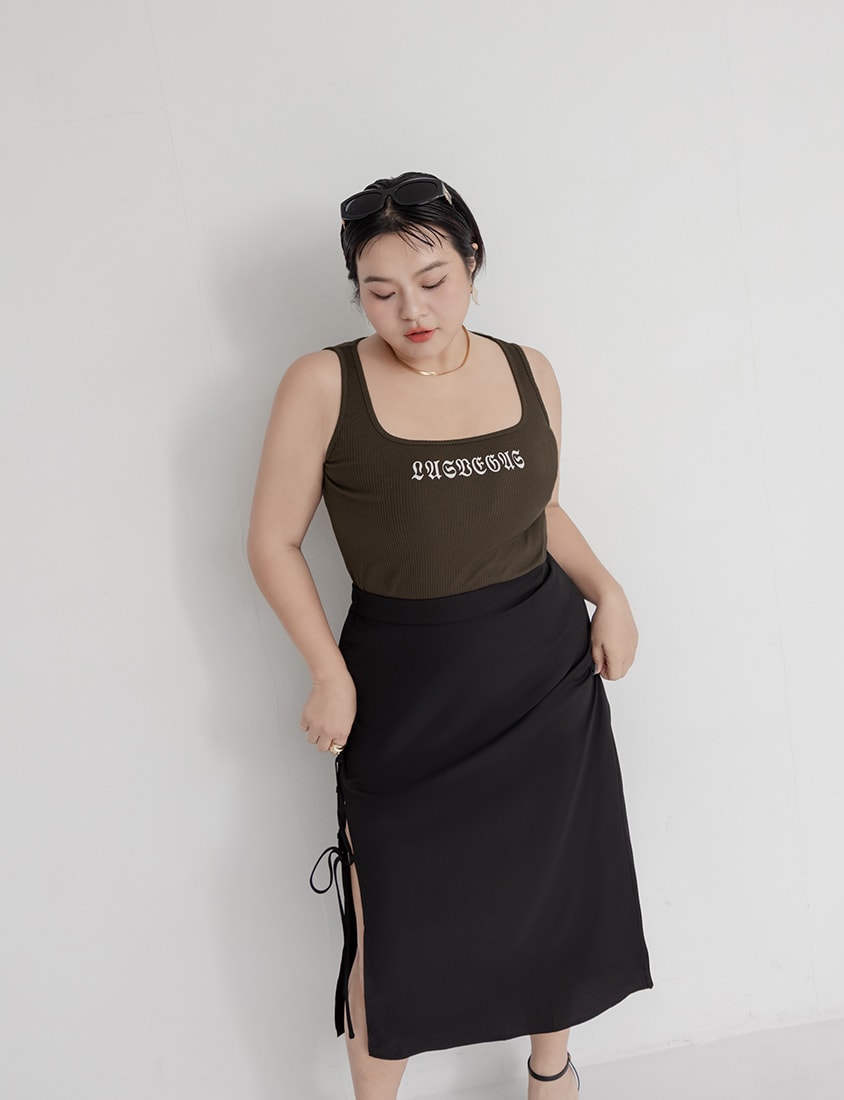 MUA! Hot Side Tie Elastic Back Waist Plus Size Maxi Skirt (with Belt)
