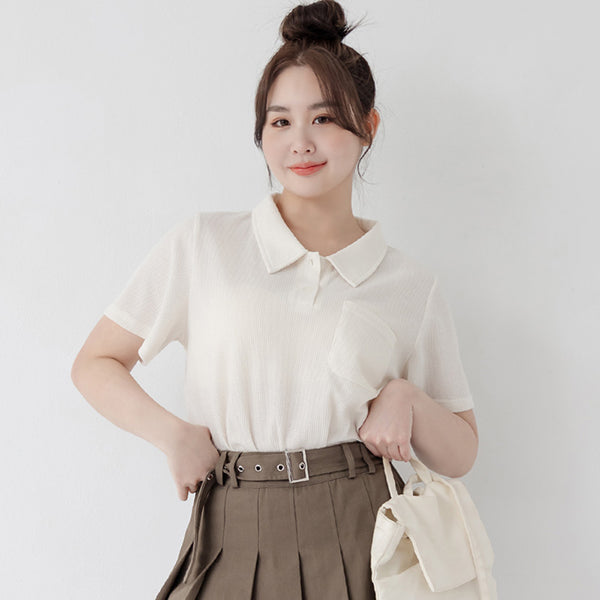 Skin-Friendly Waffle Knit Polo Plus Size Top