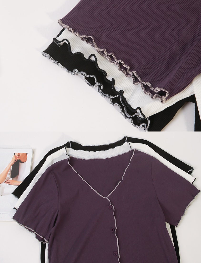 MUA! V-Neck Contrast Lettuce-Edge Plus Size Short Sleeve Top
